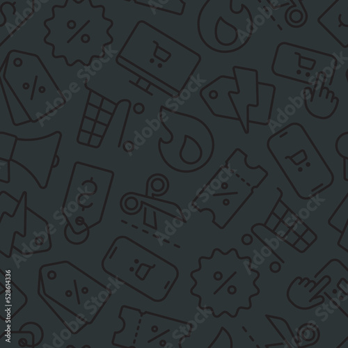 Subtle black on black Black friday and cyber monday seamless pattern of outline icons