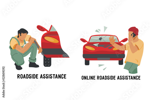 Roadside assistance service for emergency vehicle repair banners or emblems set, flat vector.