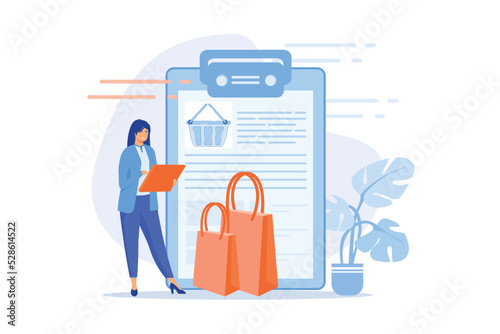 Expenses calculation. Wishlist planning, shopping list, purchases summary. Internet supermarket basket, shopper wishlist creative design element. flat vector modern illustration