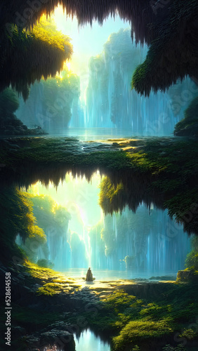 Fantasy landscape, beautiful abstract forest, with large arches of trees and stone and a river, old trees, colorful sunset, unreal world. 3D illustration © Terablete