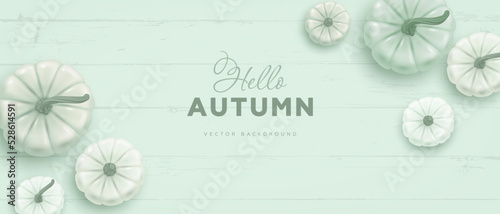 Horizontal hello autumn background with realistic green and white pumpkins on wooden background. Vector illustration