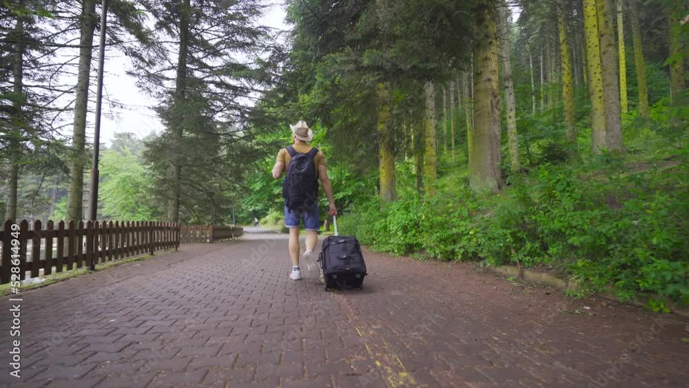Vacationing in a wooded area.
Tourist carrying his suitcase is vacationing in a forested area.
Vacationing in a wooded area.
Tourist carrying his suitcase is vacationing in a forested area.