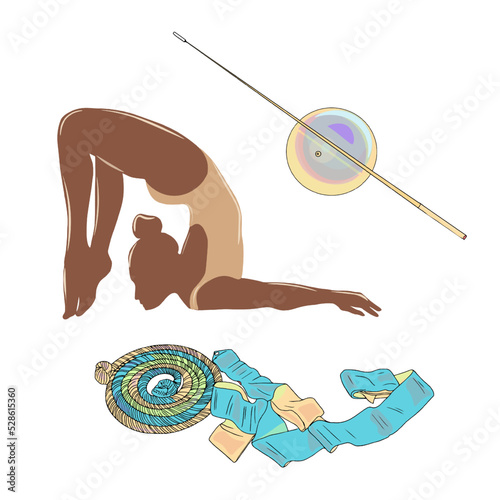 Isolated vector illustration of an acrobat, circus performer on a white background. Girl on an acrobatic ring blank for designer, clipart, logo, icon, postcards, tricks, dance school