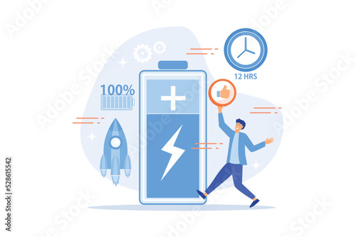 Users and battery performance and longevity with charge indicator and time. Battery runtime, extend runtime technology, long battery life concept. flat vector modern illustration