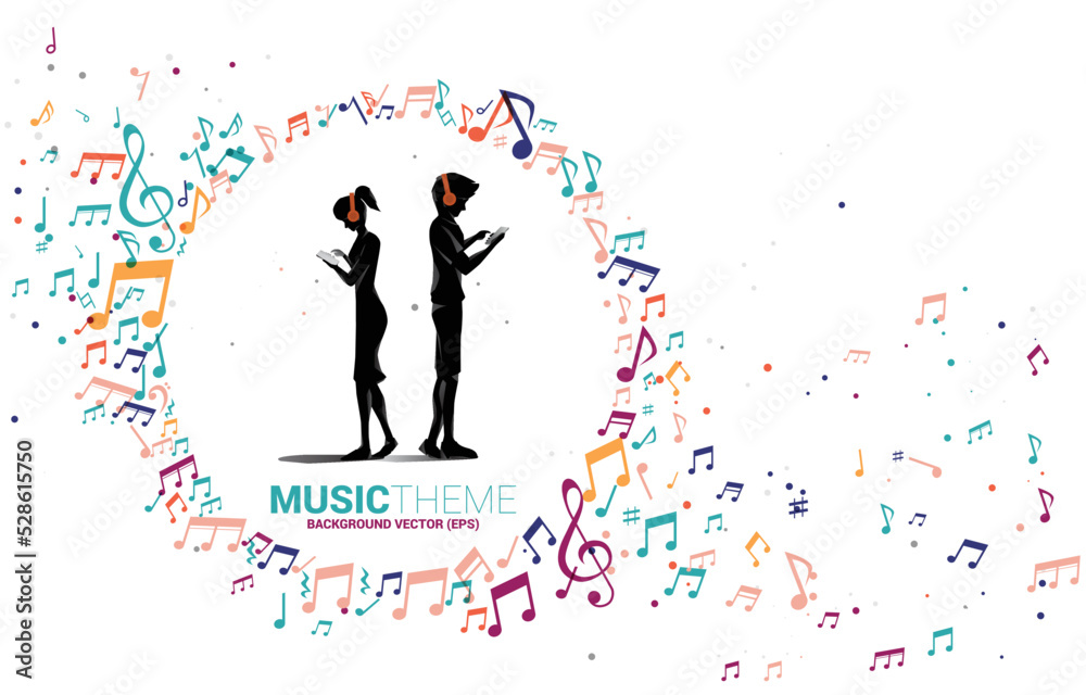 Vector silhouette man and woman with mobile phone with circle frame from music melody note dancing flow . Concept background for song and concert theme.