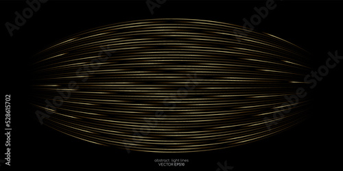 Abstract speed gold light curve lines movement dynamic pattern isolated on black background in concept speed, luxury, music, technology, 5G, digital.