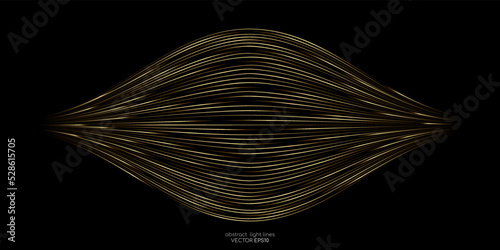 Abstract speed gold light curve lines movement dynamic pattern isolated on black background in concept speed, luxury, music, technology, 5G, digital.