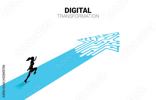Silhouette of businesswoman running on the way with dot connect line circuit. concept of digital transformation of business.