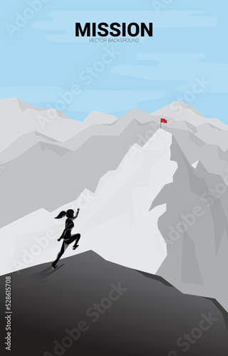 Silhouette of businesswoman running on Route to the top of mountain. Concept of Goal, Mission, Vision, Career path, Vector concept Polygon dot connect line style