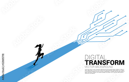 Silhouette of businesswoman running on the way with dot connect line circuit. concept of digital transformation of business.