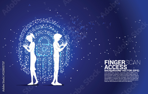 Silhouette businessman and businesswoman with mobile phone standing with thumbprint icon from dot connect line polygon. background concept for finger scan technology and privacy access.