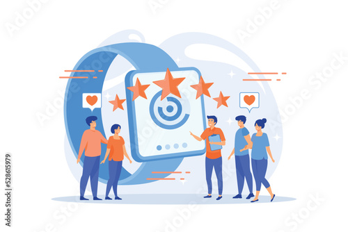 Users with hearts like huge smartwatch with rating stars. Luxury smartwatch, fashion watch and luxury lifestyle concept on white background. flat vector modern illustration