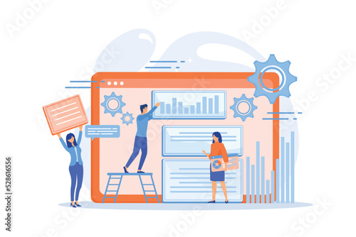 Content marketing manager, specialist, analyst work on websites for audience. Content marketing, working content, SEO optimization tool concept. flat vector modern illustration