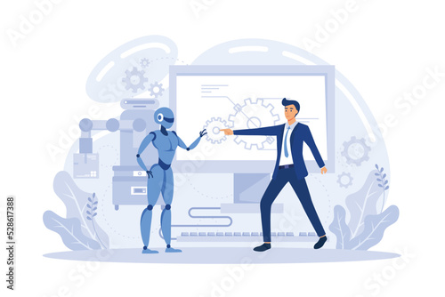 Smart industry development. Artificial intelligence in surgery. Robotics construction, collaborative robotics, remotely operated robots metaphors. flat vector modern illustration