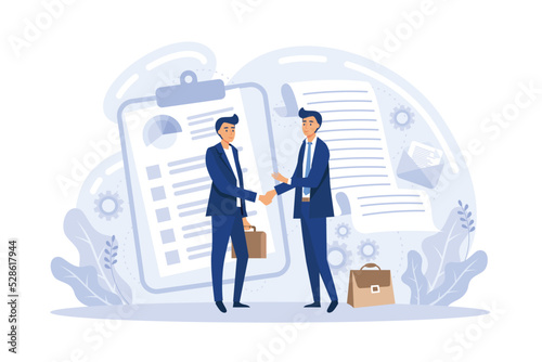 Employee hiring. Business document. HR management. Employment agreement, employment contract form, employee and employer relations concept. flat vector modern illustration