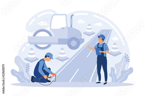 Road safety. Traffic crime and fraud, road works, fellow traveller, hitchhiking, criminal traffic, construction and repair, speed limit sign abstract metaphor.flat vector modern illustration