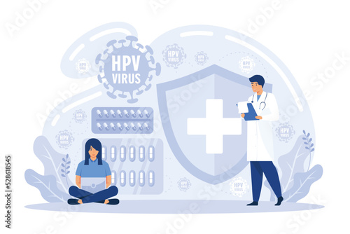 Human papillomavirus prevention, immunity development, antivirus creation. HPV test, HPV vaccination, HPV education programs metaphors. flat vector modern illustration