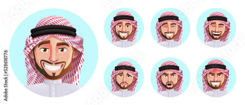Saudi arab man faces vector set. Arabian characters in smiling, sad, angry and handsome facial expression isolated in white background for emotion design collection. Vector illustration.
