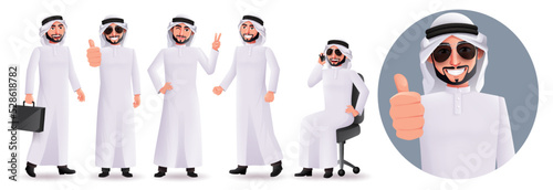 Arab business man vector character set. Arabian male boss characters with thumbs up and standing pose and gestures for professional emirati collection design. Vector illustration.
