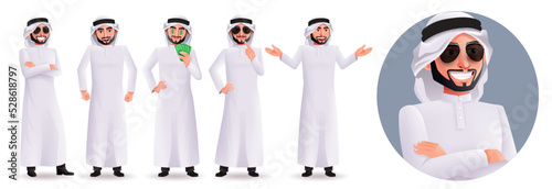 Arab man vector character set design. Rich arabian male characters with wealthy gestures and elements like money for emirati boss collection design. Vector illustration.
