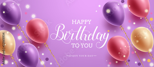 Birthday greeting vector background design. Happy birthday to you text with colorful flying balloons element in purple space for birth day messages. Vector illustration.

