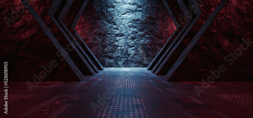 Fototapeta Naklejka Na Ścianę i Meble -  Underground Shelter Nuclear Bunker Hangar Garage Metal Panels Rock Walls Dark Tunnel Corridor Sci Fi Futuristic Spaceship 3d Rendering