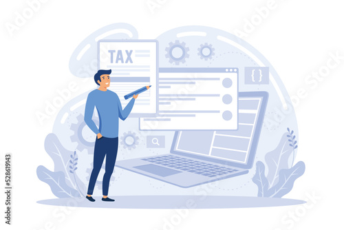 Tax agent service. Accountant appointment, filing the taxes, money refund, income statement and financial audit. flat vector modern illustration