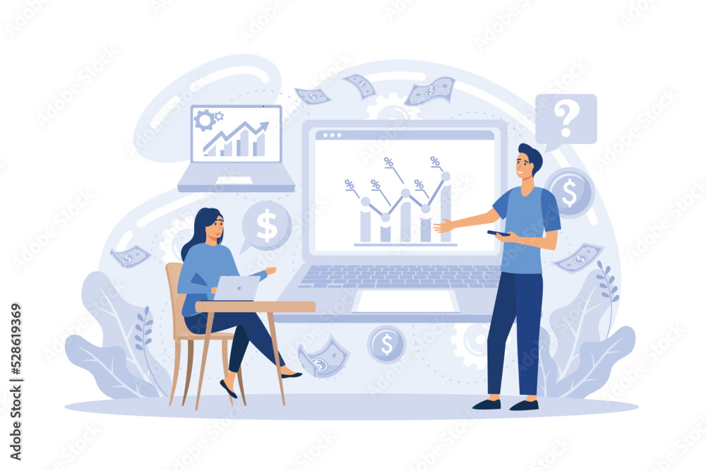 Financial consultant calculating pensioners fund. Financial literacy of retirees, retirement planning courses, retirement income control concept. flat vector modern illustration
