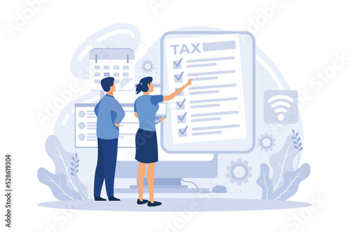 Tax software program. Desktop tax filing software, mobile app and online service, income statement, IRS form, flat vector modern illustration