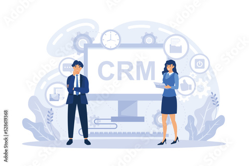 Manager shakes hands with customer, strategy for interactions with client. Customer relationship management, CRM system, CRM lead management concept. flat vector modern illustration