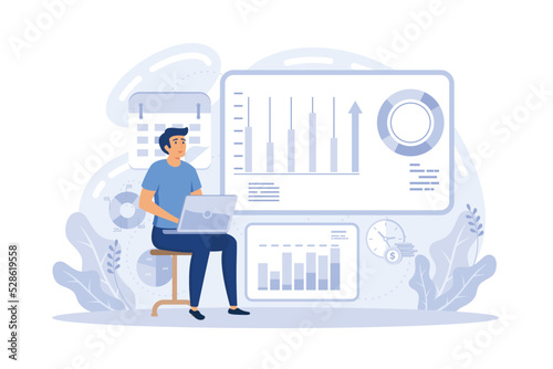 Tiny business analysts discussing ideas at laptop with data. Data initiative, occupation in metadata study, data driven startup concept. flat vector modern illustration