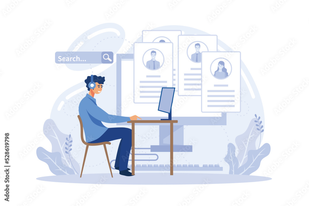 Talent search. HR specialist searching for an applicant using laptop, human resources manager, recruiting process, posting vacancy vector cartoon.flat vector modern illustration Talent search. HR specialist searching for an applicant using laptop, human resources manager, recruiting process, posting vacancy vector cartoon.flat vector modern illustration