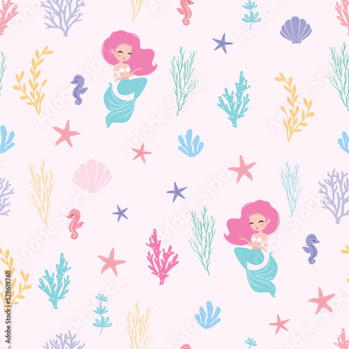 Cute mermaid with little seahorse seamless pattern, vector illustration. Illustration for kids fashion artworks, children books, greeting cards, t-shirt prints, wallpapers.