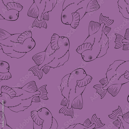 Seamless Pattern with black fish on Violet Background. Repeat Pattern Design for Print, Wallpaper, Wrapping Paper, Cover, Textile.