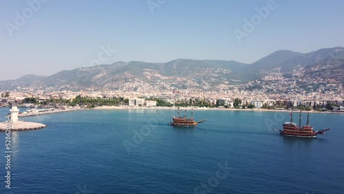 View of the harbor from the sea. the ships sails out of the seaport