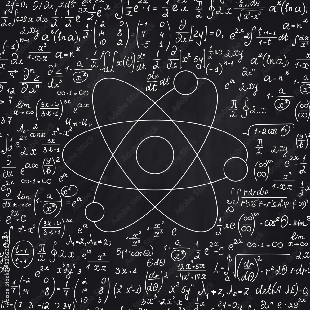 Math vector seamless background with handwriten atom structure, and other calculations