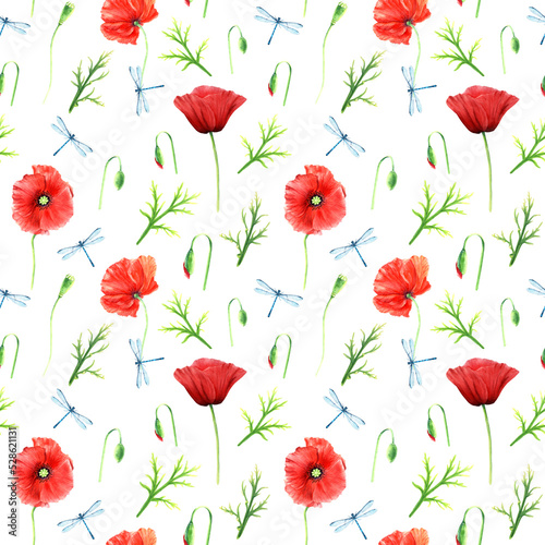 Seamlesss pattern with red wild poppies and blue damselflies isolated on white background