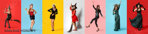 Foto Set of women dressed for Halloween on colorful background