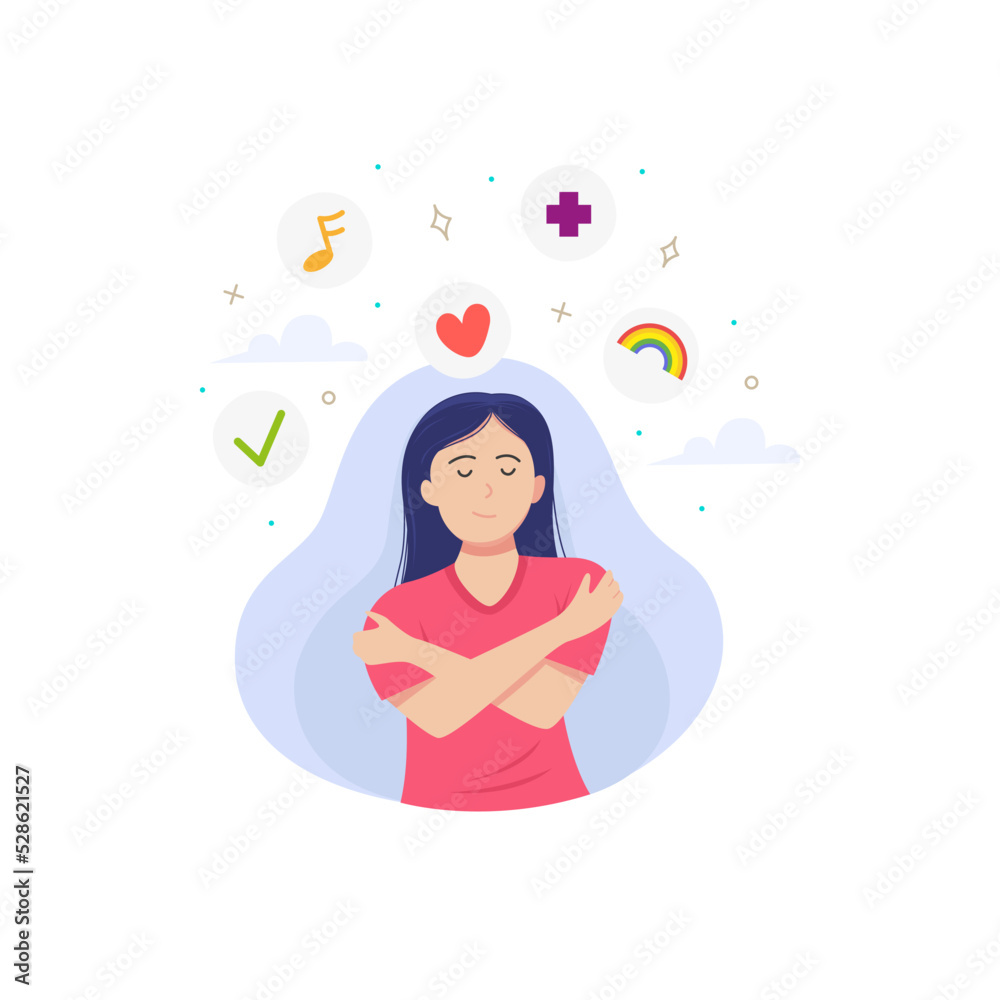 Woman hug and love herself for care about mental health issue vector illustration Woman hug and love herself for care about mental health issue vector illustration