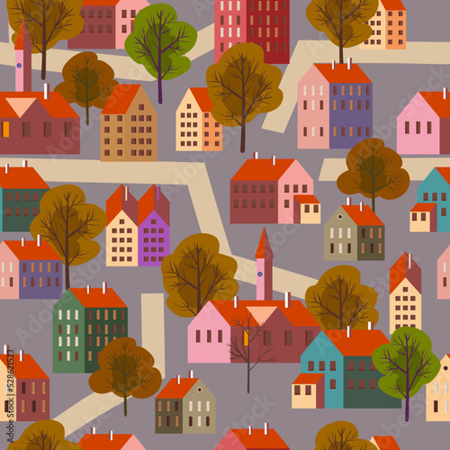 Old city seamless pattern, minimal flat style. Autumn landscape city architecture