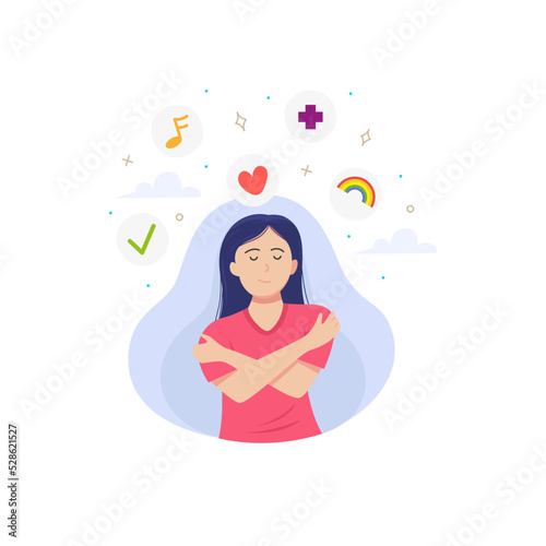 Woman hug and love herself for care about mental health issue vector illustration