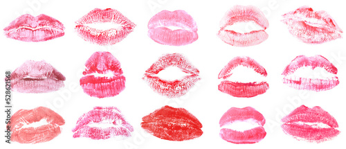 Many prints of color lips on white background