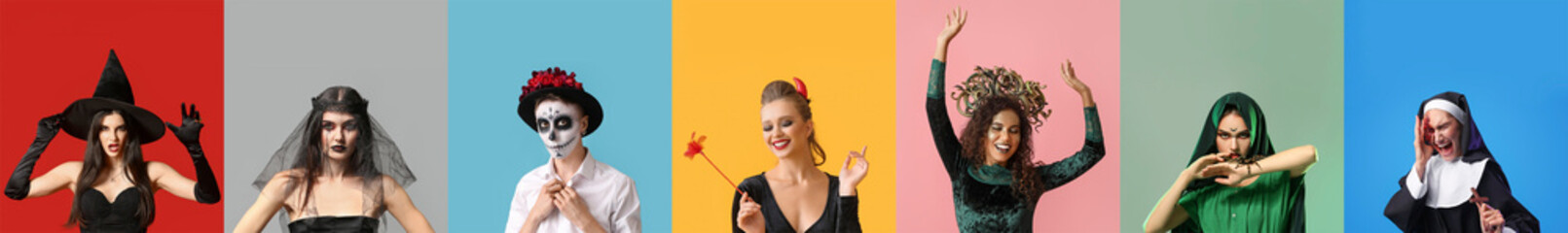 Set of people in Halloween costumes on colorful background