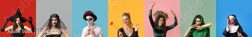 Foto Set of people in Halloween costumes on colorful background