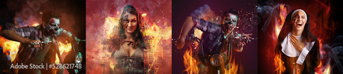 Collage with scary Halloween characters on dark background with burning flame
