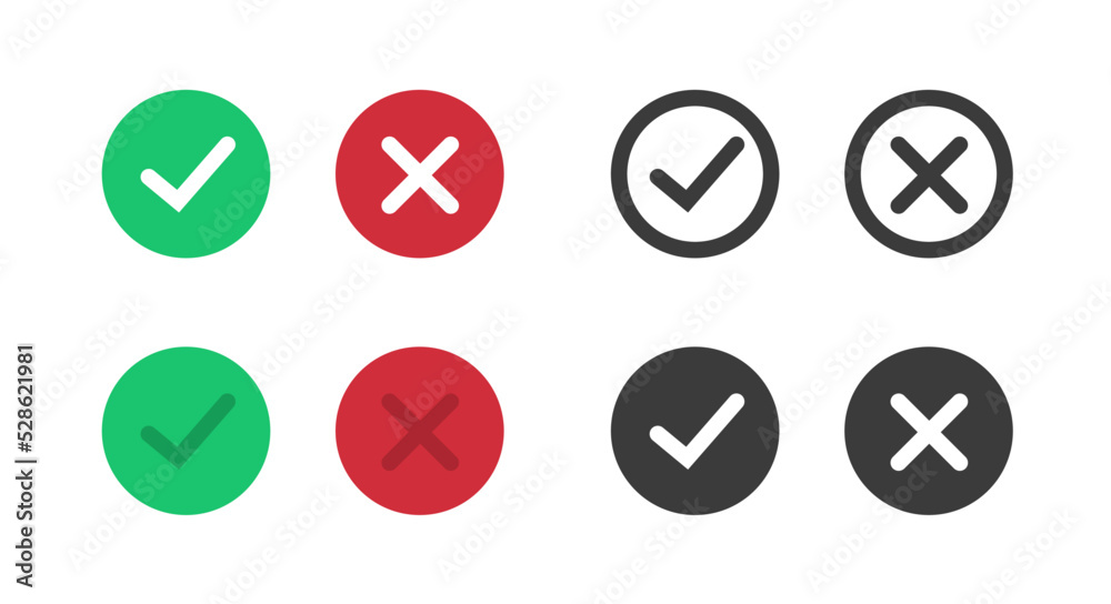 Yes no icon sign vector or ok correct and incorrect red green symbol pictogram, tick check mark verify and cross x wrong fail graphic button circle, dont deny and false true line outline art image