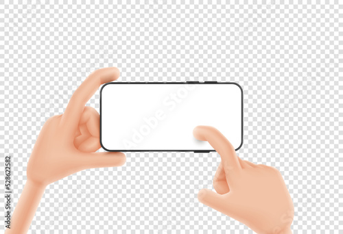 3d cartoon hand holds smartphone. Template of smart phone with blank display in cartoon hand isolated on checkered background. Vector illustration mobile device concept.