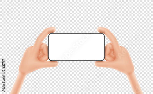 3d cartoon hands hold smartphone. Template of smart phone with blank display in cartoon hand isolated on checkered background. Vector illustration mobile device concept.