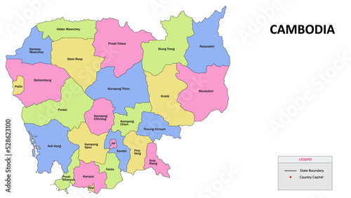 Cambodia Map. State and district map of Cambodia. Detailed colorful map of Cambodia.