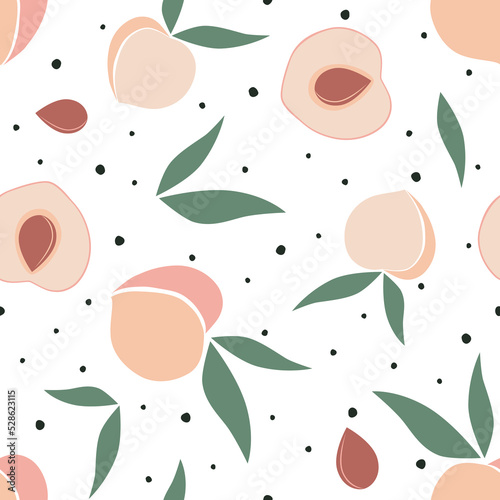 Seamless pattern - peaches with leaves, pieces of peaches.
